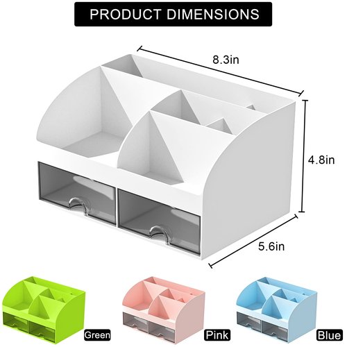 COMFYROOM Desk Organizer with 6 Compartments and 2 Drawers, Plastic Makeup Organizer, Pen Holder for Desktop Storage, Desk Organization for School, Home, Office Supplies (White-2Pack)