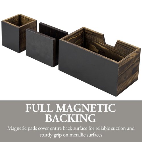 MyGift Magnetic Storage Trays, Rustic Burnt Solid Wood Magnet Office Supplies Baskets with Mail Sorter Slot, Stationery Organizers, and Marker Pen Holder Box, 3 Piece Set