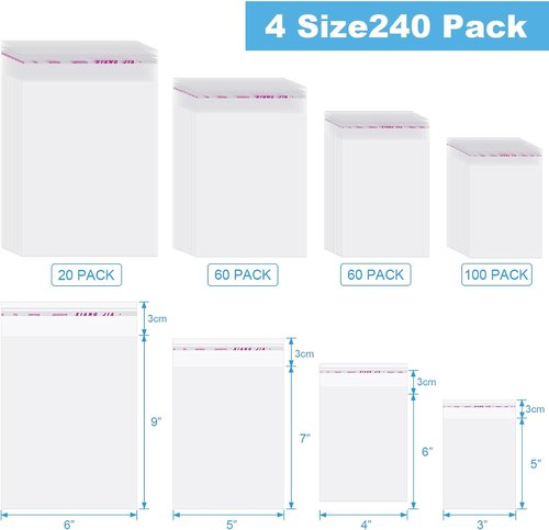 Geyoga Clear Plastic Cello Bags - Resealable Self-Sealing for Candy & Cookies | 240 Pieces in 4 Sizes