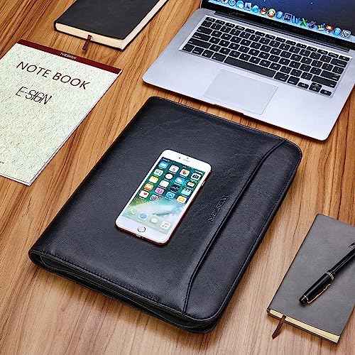 IVESIGN Zippered Padfolio Binder, Faux Leather Organizer with 3-Ring Binder, Left-Handed Design, Business Card Slots & Document Folders - Professional Padfolio for Office (Black)