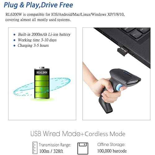 REALINN Wireless 2D QR Barcode Scanner Rechargeable Automatic Handheld Code Reader Dustproof Waterproof Shockproof Fast and Precide for Mobile Payment, Store, Supermarket, Warehouse