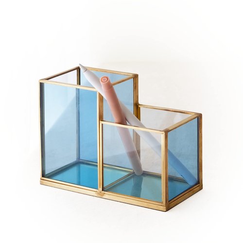 FONDAZZA Gold & Blue Glass Desk Organizer - Elegant Office Decor, Aesthetic Makeup Brush Holder, 2-Compartment Pen Holder, Pencil Cup, Vanity & Cosmetic Storage, Desk Accessories for Women