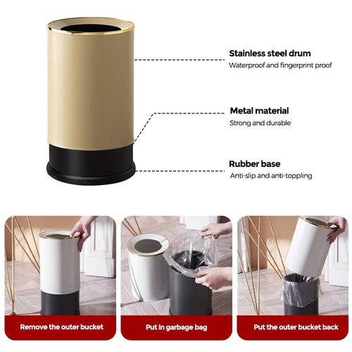 LEASYLIFE 2.4GAL Open Top Trash Can,Champagne Gold Bathroom Wastebasket for Bathroom,Bedroom,Living Room,Hotel,Office (9L-Champagne Gold)
