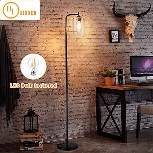 Depuley Black Floor Lamp, Industrial LED Floor Lamps with Hanging Glass Shade, Farmhouse Standing Lamp Modern Tall Pole Lighting for Living Room, Bedroom, Office, Study Room, E26 Bulb Included