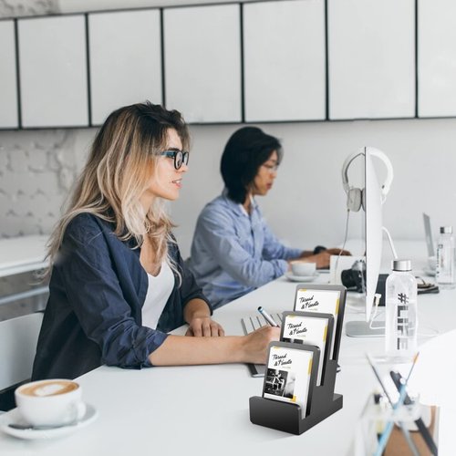 2 Pieces 3-Tier Black Brochure Holder Display Brochure Display Stand Wood Black Trifold Brochure Organizer Pamphlet Display Stand Literature Holder Countertop Book Display Rack for Magazine Booklets