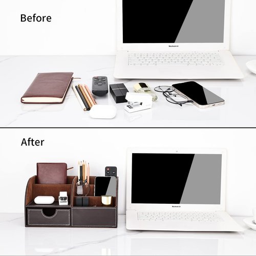 KINGFOM Pu Leather Desk Organizer Pen Pencil Holder Office Supplies Caddy Storage Box 6 Compartments with Drawer Brown