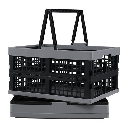 Tyminin Pack of 2 Collapsible Shopping Baskets, 15 Liter Folding Plastic Crate with Handles, Moving Storage Crate Small Stackable Containers Bins, Black