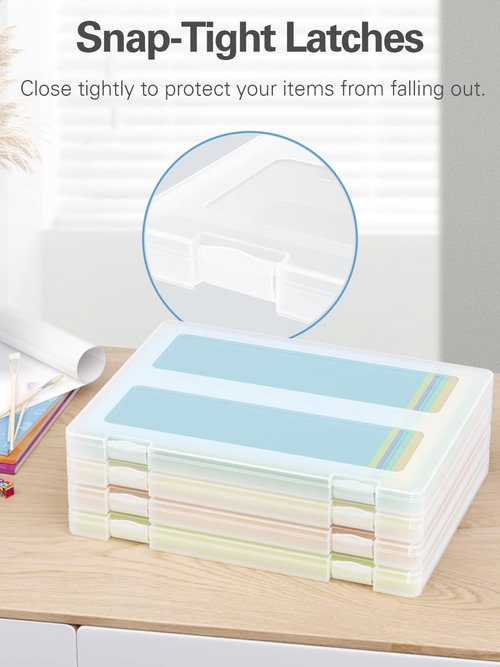 iBune 4-Pack A4 Plastic Paper Organizer Box, Scrapbook Storage for 8.5” x 11” Letter Papers, Portable Document Holder, Photo Storage Box Sticker Art Supplies Organizers, 12.2” x 8.9” x 0.7” Inner Size