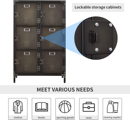 BYNSOE Metal Locker Storage Cabinet - 47.3” Industrial Steel Design with 6 Lockable Doors & Shelves for Home, School, Gym