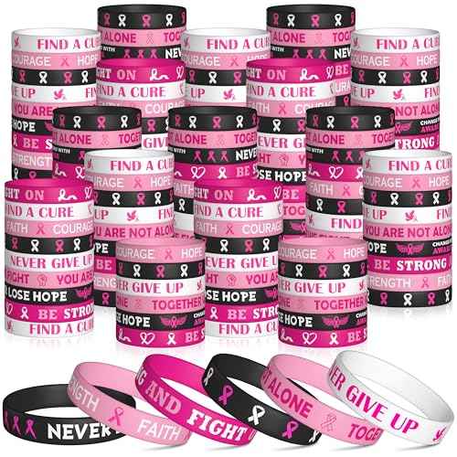 WATINC Breast Cancer Awareness Silicone Bracelets Set - Pink Ribbons Hope Faith Strength Courage Stretch Wristbands, Motivational Rubber Bracelet with Inspirational Messages for Women (240Pcs)