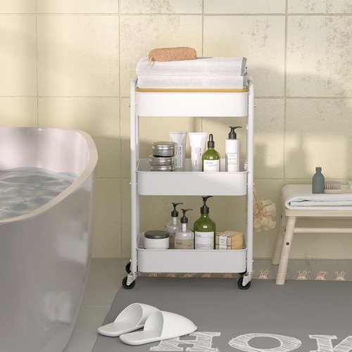 HIDODO 3 Tier Metal Utility Cart, Rolling Storage Cart with Wooden Tabletop, Metal Organizer Cart with Lockable Wheels for Office, Bedroom, Kitchen and Living Room (White)