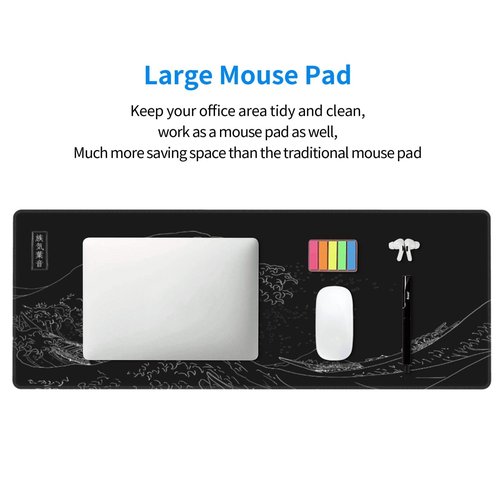Japanese Gaming Mouse Pad Black Mouse Pad Kanagawa Large Mousepad Non-Slip Rubber Base Waterproof with Stitched Edges for Gaming Office Home, 31.5x11.8 Inch (Black Wave)