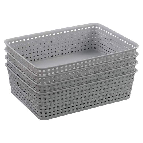 Kiddream 4 Packs Office Paper Trays, Plastic Shallow Storage Basket Trays, Grey