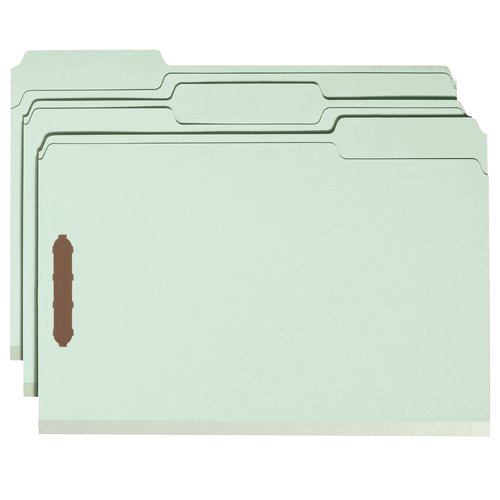 Smead 100% Recycled Pressboard Fastener File Folder, 2 Fasteners, 1/3-Cut Tab, 2" Expansion, Legal Size, Gray/Green, 25 per Box (20004)