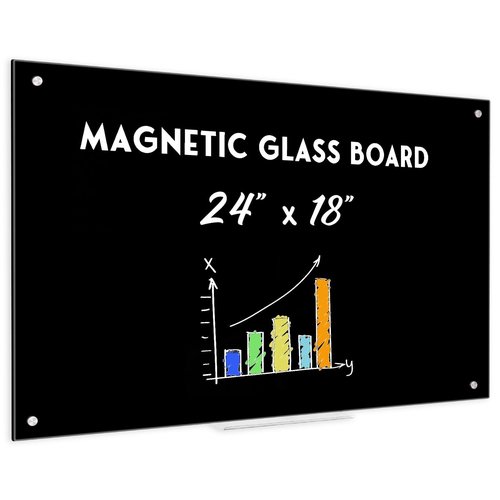 Black Dry Erase Board, 24" x 18" Magnetic Glass Whiteboard for Wall, Black Glass White Board with 1 Marker Tray and 3 Magnets for Office, Home, Classroom