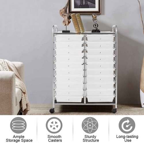 20-Drawer Rolling Storage Cart, Mobile Book Paper Organizer Utility Trolley with Wheels, Ideal for School, Office, Home (Clear)
