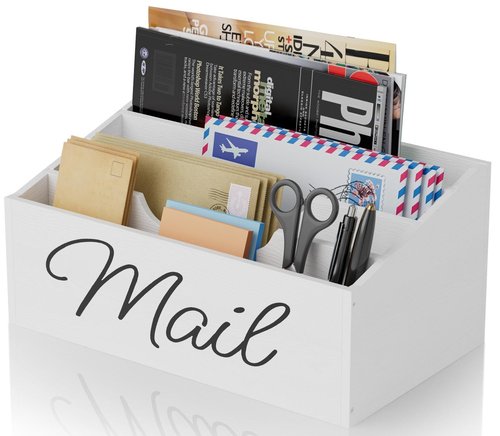 Vecxoty Wooden Mail Organizer Countertop Mail Holder for Desk with 4 Slots,Rustic Mail Basket for Counter with Anti-Slip Pad Mail Sorter Letter Holder Box for Desk Home Office（White）