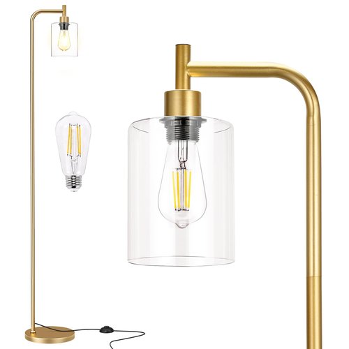 Ziisee Floor Lamps for Living Room - Industrial Standing Lamp with Glass Shade, Modern Gold Floor Lamp with LED Bulbs, Farmhouse Floor Lamp for Bedroom, Tall Lamp for Office - Gold
