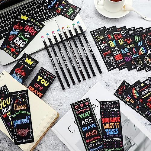 TecUnite 240 Pcs Inspirational Pencils Bookmarks 120 Set Motivational Bookmarks Thermochromic Color Changing Pencils Back to School Supplies for Student Reading Classroom Teacher Positive Reward Gift
