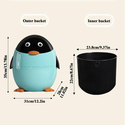 Aiabaleaft Cartoon Penguin Plastic Trash Can with Lid Bedroom Large Capacity Wastebasket Storage Container for Home Kitchen Dressing Office Kids Bedroom (Blue, 13.7 * 12.2 * 11.02in)