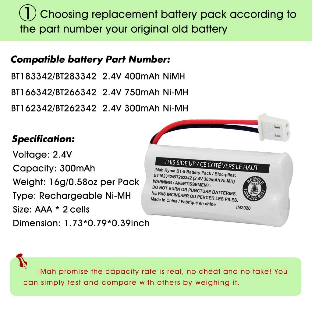 iMah BT162342/BT262342 2.4V 300mAh Ni-MH Cordless Phone Battery Pack, Also Compatible with BT183342/BT283342 AT&T EL52351 TL90070 VTech CS5119 DS6511 DS6722 LS6305 Handset, 2-Pack