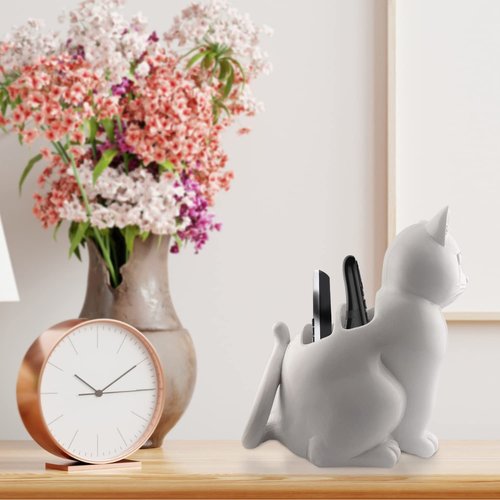 Kwirkworks Cat TV Remote Caddy Fun & Durable Polyresin Organizer with 3 Compartments for Remotes, Eyeglasses, Office Supplies for Cat Lovers