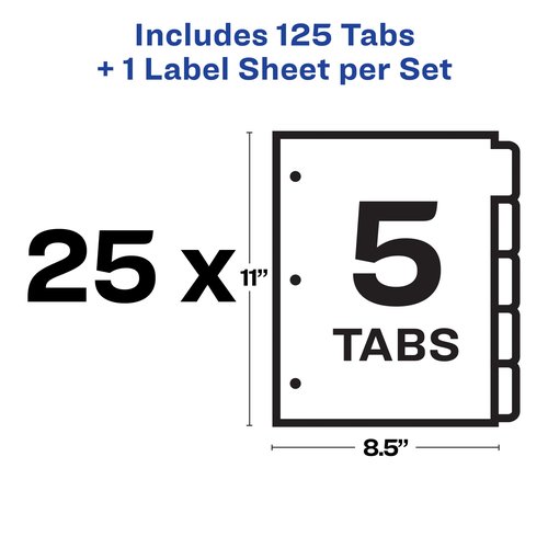 Avery 5 Tab Dividers for 3 Ring Binder, Easy Print & Apply Clear Label Strip, Index Maker Customizable White Tabs, 25 Sets (11446)