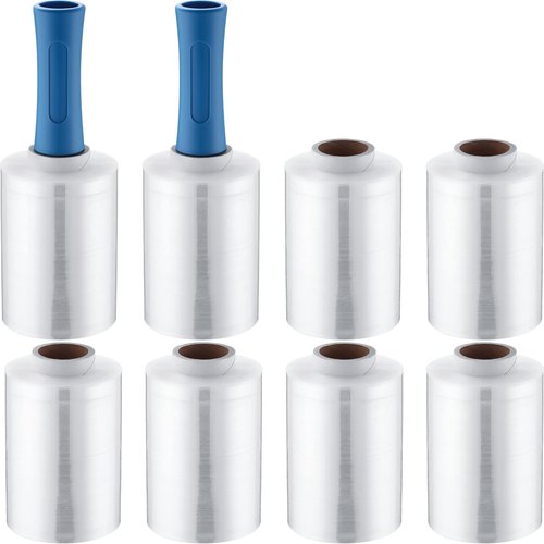 Jutom 8 Pcs Clear Stretch Wrap Roll Plastic Wrap for Moving with 2 Handles 5 x 1000 ft Cling Packaging Shrink Film Self Adhering Shipping Supplies for Moving Bounding Storing Pallet Furniture Glass