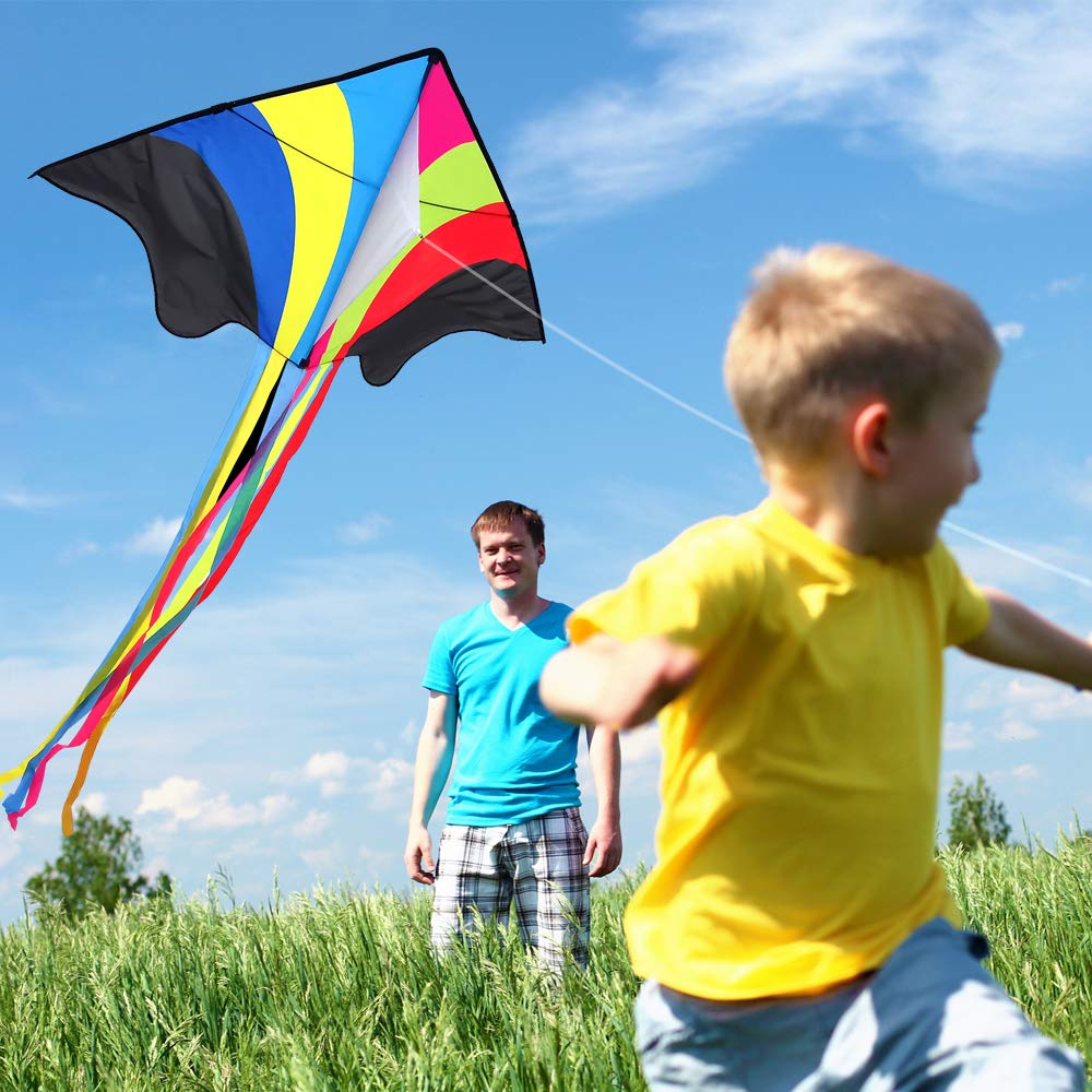 Mint's Colorful Life Rainbow Delta Kite, Polyester; Fiberglass, Large, 5-18 mph Wind Range, Ages 3-80, W/6 Ribbon Tails, Perfect for Travels