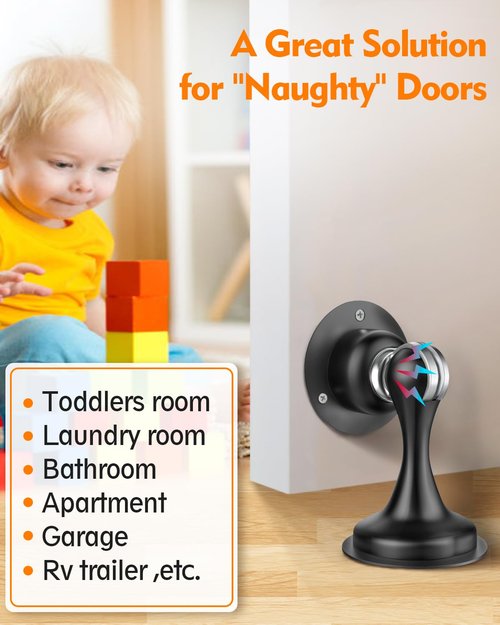Door Stoppers Magnetic Door Catch - Stainless Steel Heavy Duty Door Holder Stops for Bottom Top of Door - Wall Floor Mounting No Drill 3M Adhesive & Screws Strong Magnet Keep Door Open 4 Pack