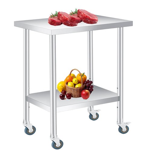 PeakPursuit Stainless Steel Table with Wheels-14x24x35Inch Metal Work Table with Lockable Wheels, 2 Tiers Stainless Prep Table with Adjustable Shelves for Kitchen, Office, Commercial and Gar