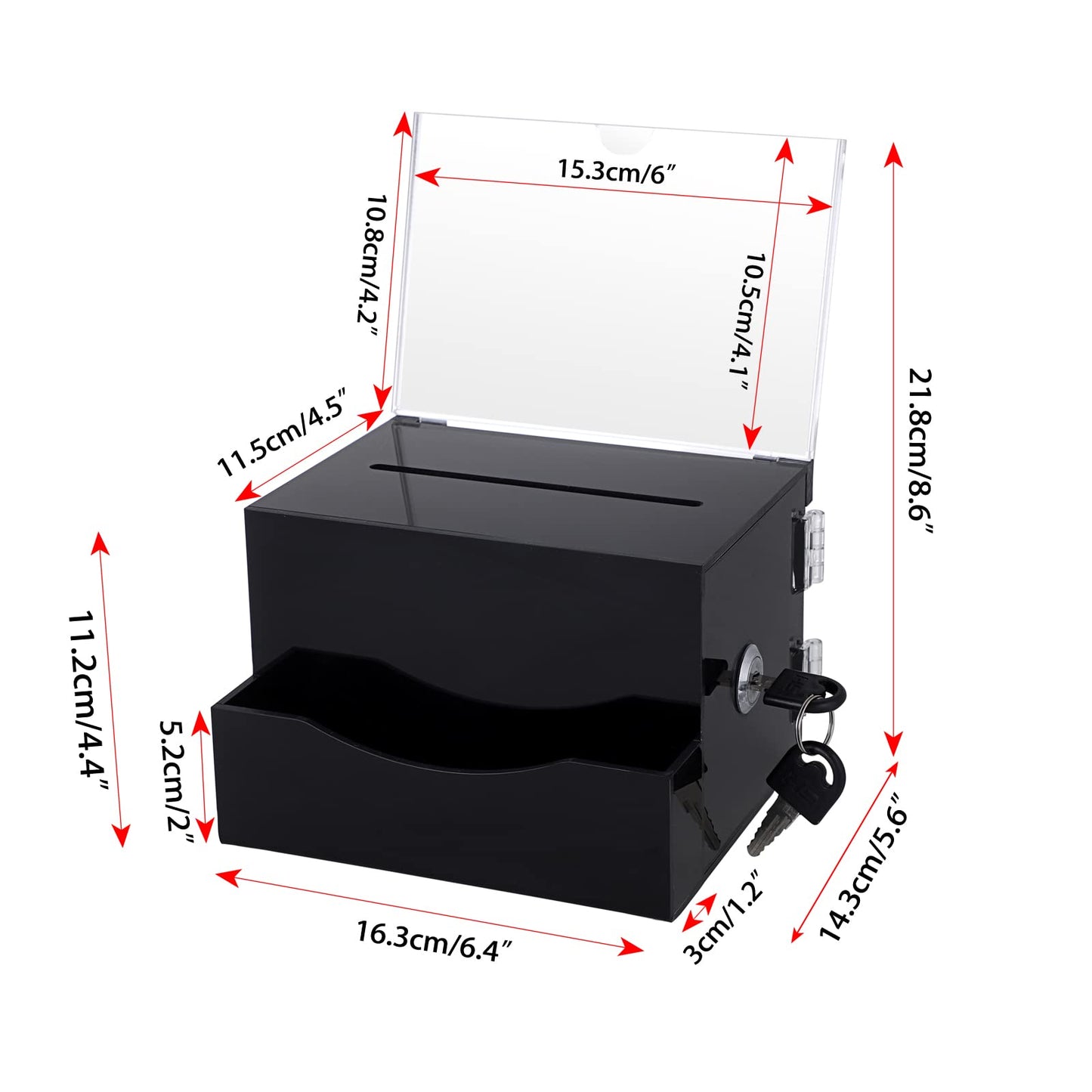 BTSKY Acrylic Suggestion Box with Lock, Acrylic Donation Box with Sign Holder, Tip Box with Pocket Collection Boxes for Voting Locking Mailbox, Suggestion Box with Removable Sign Slot (Black)