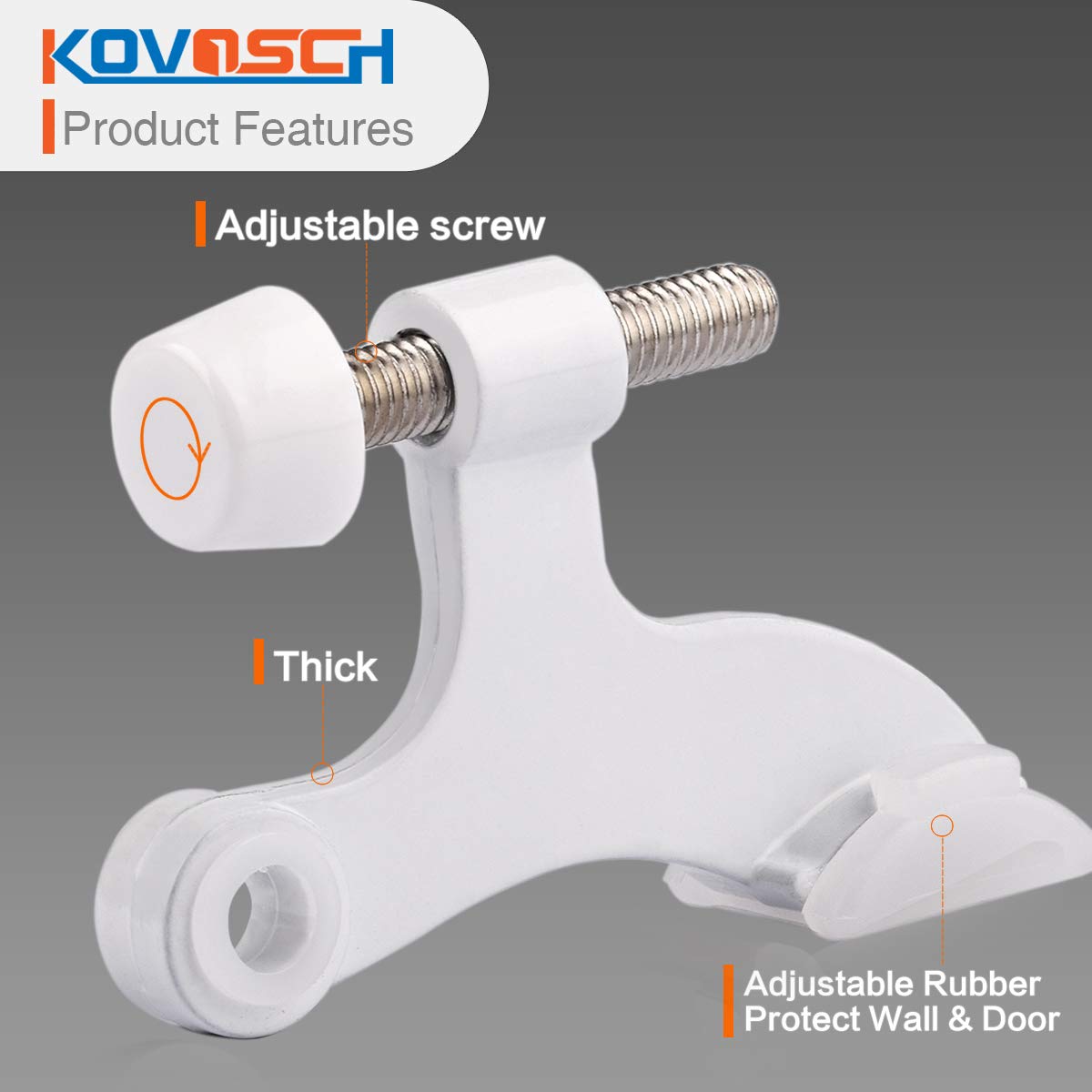 KOVOSCH 2 Pack Hinge Pin Door Stopper White - Adjustable Heavy Duty Hinge Pin Door Stop with White Rubber Bumper Tips