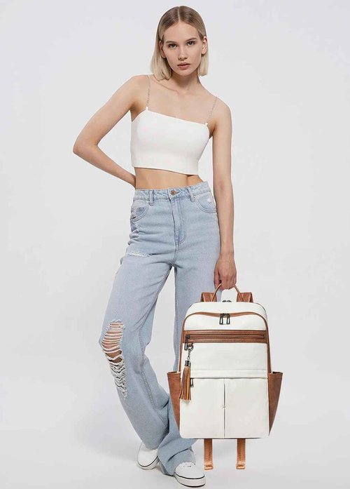 Leather Laptop Backpack for Women, 15.6" Causal Daypack Backpacks Purse Computer Backpack with Laptop Compartment for Travel Work College Business, Beige Brown