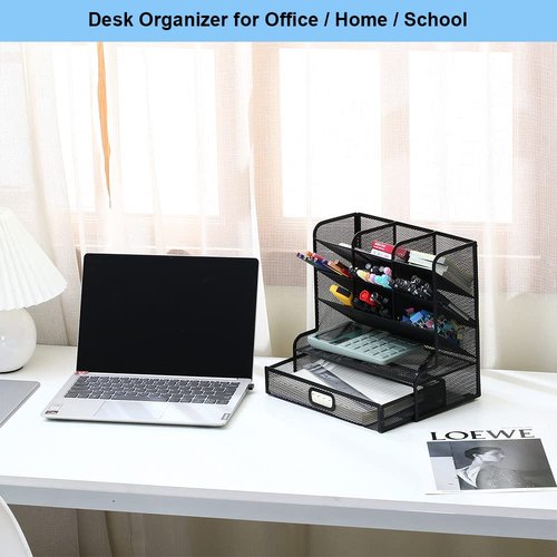 AUSTARK Desk Organizer with Drawer, Desktop Stationery Organizer, Pen Holder for Desk, Mesh Metal Desk Accessories Workspace Organizers for Art Supplies Office School Home (Black)