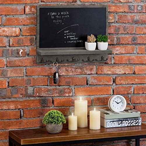 MyGift Wall Mounted Dark Gray Wood Framed Chalkboard Sign with Storage Display Shelf and 5 Dual-Prong Key Holder Hooks - Decorative Entryway Family Message Board