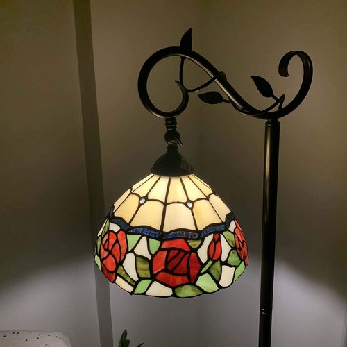 Bieye L10804 Rose Flower Tiffany Style Stained Glass Reading Floor Lamp 59.5 inches Tall, Red