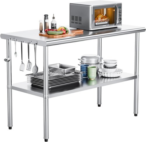 ROVSUN Stainless Steel Prep Table - 48'' x 24'' Heavy Duty Workstation with Adjustable Under-Shelf | Ideal for Kitchen, Restaurant, and Outdoor Use