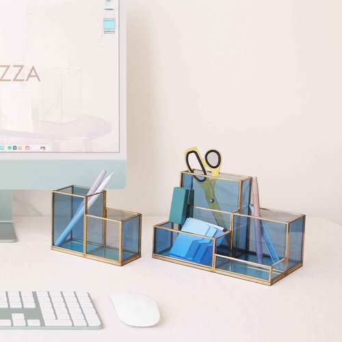 FONDAZZA Set of 2 Gold Desk Organizers for Home Office Supplies, Gold Brass and Blue Glass, 1 Each of 5-Compartments and 2-Compartments, Storage for Stationery, Cosmetic, makeup tools and Brush.