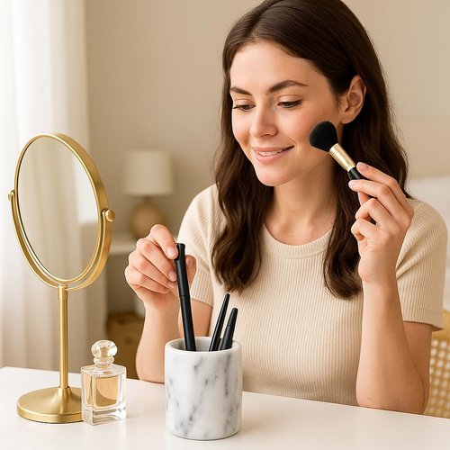 Creative Home Solid Natural Marble Pen Holder – Heavyweight Pencil Cup Organizer for Desk, Vanity, or Bathroom, 3.3" Diameter x 4.5" Height, Off-White with Unique Stone Patterns