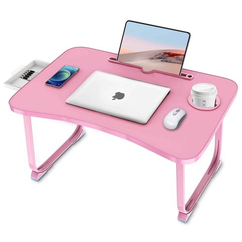 Fayquaze Portable Foldable Laptop Bed Table with Storage Drawer and Cup Holder, Laptop Desk Stand Tray for Eating, Reading and Working
