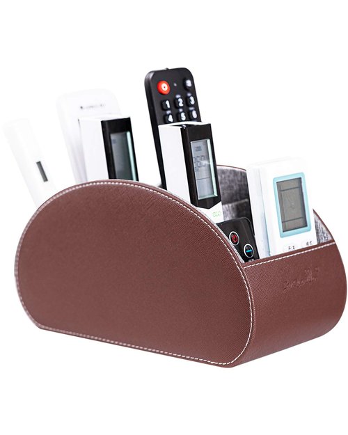 Wide Remote Control Holder , PU Leather Organizer Box with 5 Compartments for Table Office ,Remote Caddy Desktop Storage with Phone Holder, Home Accessories for Controllers , Media Player (Brown2)