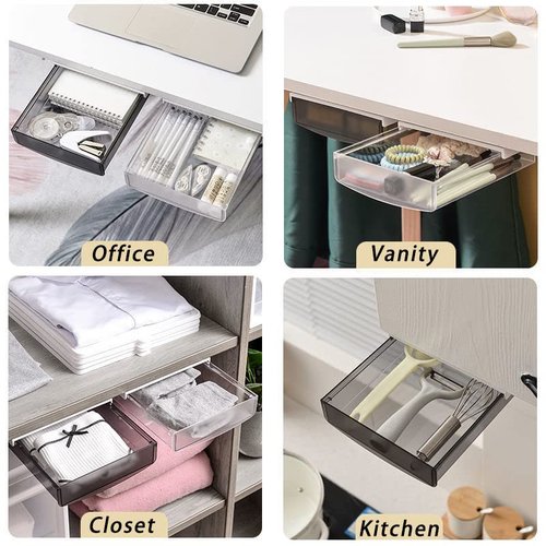 SOUJOY 3 Pack Under Desk Drawer, Self-Adhesive Slide Out Organizer Tray, Plastic Stick On Table Hidden Attachable Drawer Tray for Office Home School Kitchen