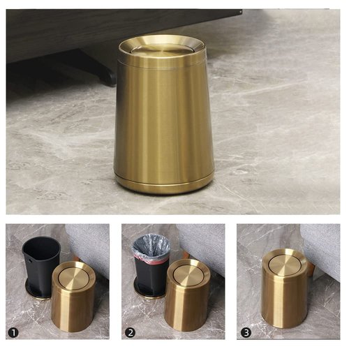 LEASYLIFE 10 L/3 Gallen,Gold Small Trash Can for Bathroom,Brushed Stainless Steel Garbage Can with Flipping Lid,for Bathroom,Living Room,Bedroom,Hotel,Conference Room(Gold)