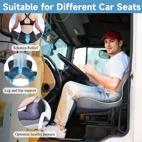 SICOU Ergonomic Memory Foam Seat Cushion for Truck Drivers Office Chairs Home Chair Cushion Car Desk Chair Non Slip Pad, Sciatica & Tailbone Pain Relief, Long Sitting Comfort Pad (Grey)
