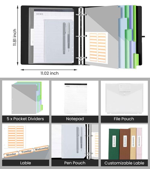 BVSSX 3 Ring Binder with Clipboard,2 Inch Binders with Notepad&5 Dividers with Pockets, Labels,PU Clipboards for School Office(Black,Letter Size)
