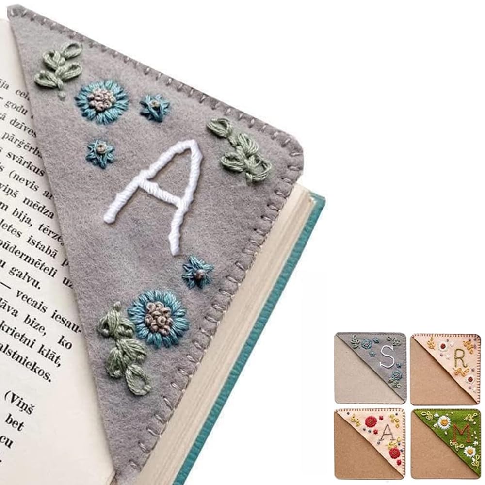 Personalized Hand Embroidered Corner Bookmark, 26 Letters Cute Flower Embroidered Corner Bookmark Embroidery Book Marker Clip for Book Lovers Bookmarks for Reading Lovers Meaningful GIF (Winter, A)