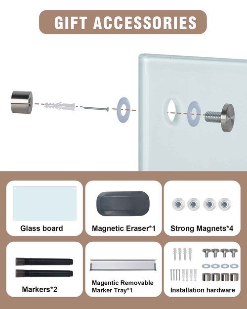 Mifuro Magnetic Glass Whiteboard，24"x18" Wall Mounted Frameless Dry Erase Board for Office, Home & School White