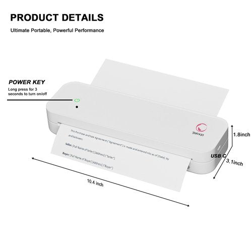 yanxio Portable Printers Wireless for Travel, Portable Printer, Inkless Thermal Printer, Support A4/8.5 x 11'' Thermal Paper for Office, Travel, Home, Support iOS, Android, Windows (White)
