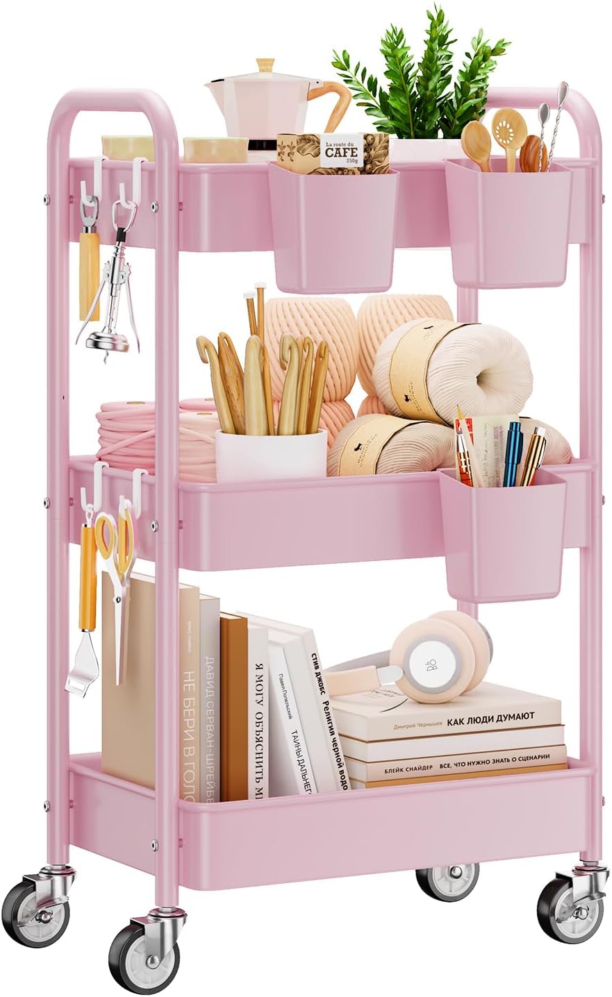 YASONIC 3-Tier Metal Rolling Cart - Heavy Duty Utility Cart with Lockable Wheels & Hooks | Pink